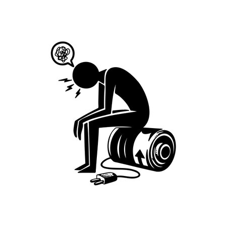 Person sitting on a battery representing exhaustion and the need for recharging after a long day of stressful activitiesのイラスト素材