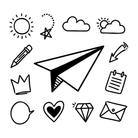 Doodle elements such as paper planes, crowns, love, letters, diamonds, clouds, sun, stars, arrows and othersのイラスト素材