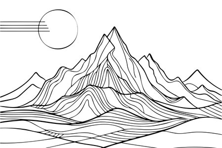Line Art Mountain Landscape with Sunのイラスト素材