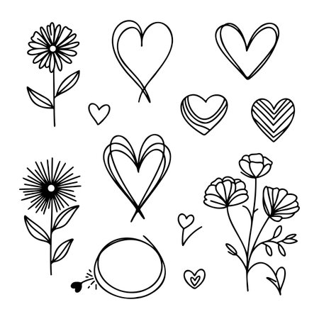 Floral and heart designs in black and white for creative projects and craftsのイラスト素材