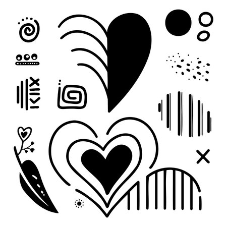 Artistic black and white abstract design featuring hearts and geometric shapes for modern decorのイラスト素材