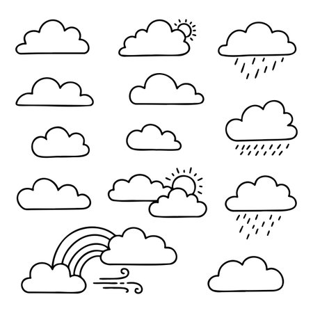 Hand Drawn Weather Forecast Clouds Sun Rain and Rainbow Doodle Setのイラスト素材