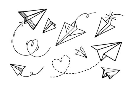 Set of doodle paper plane icon. Hand draw paper airplane.のイラスト素材