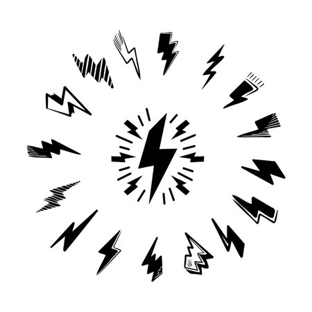 Collection of hand-drawn lightning bolt designs and symbols.