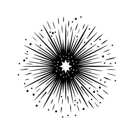 Black and white starburst explosion with radiating lines and dots