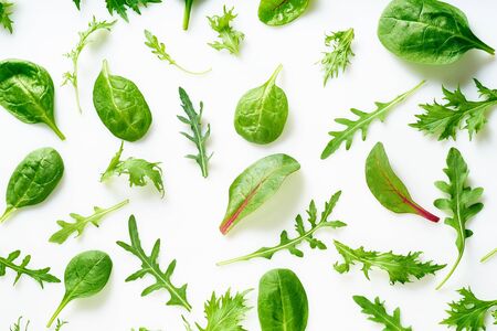 Colourful salad flat design on white background. Romaine, arugula, spinach and mizuna leaves pattern. Vegan meal ingredientsの写真素材