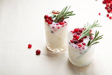 Perfect christmas cocktail: coconut margarita with cranberries and rosemary. Minimalistic concept....