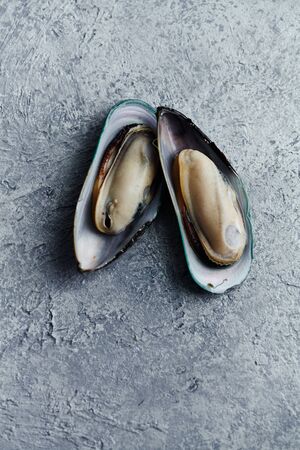 Raw kiwi mussels on textured light colored backgroundの写真素材