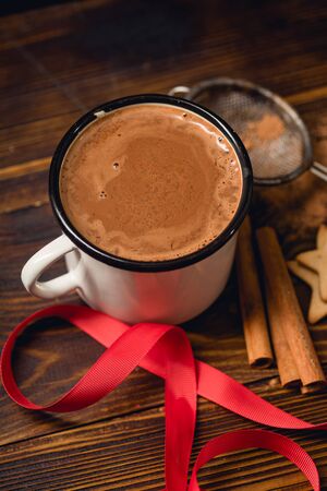 Hot chocolate in a mug with cookies. Winter drink concept. Overhead wiewの写真素材