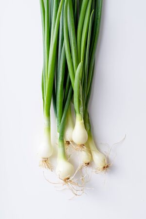 Fresh green chives isolated on white backgroundの写真素材