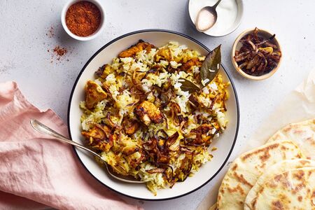 Indian rice dish hyderabadi biryani with chicken and basmati rice. Indian cuisine, restaurant meal
