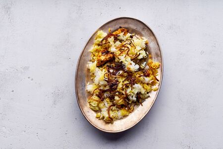 Indian rice dish hyderabadi biryani with chicken and basmati rice. Indian cuisine, restaurant meal. Copy spaceの写真素材