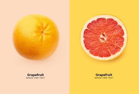 Creative flatlay with two fresh grapefruits isolated on colorful background. Top view with copy space. Fresh citrus fruitの写真素材