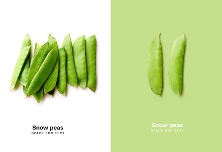 Top view image of fresh thin snow peas isolated on white background. View from above with copy space. Healthy vegetarian meal ingredientの写真素材