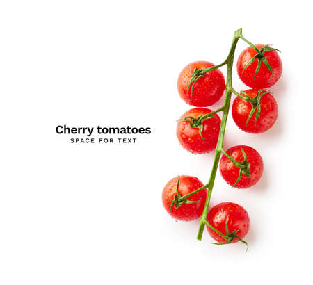 Creative flat lay with cherry tomatoes isolated on white background with copy space. Vegetarian meal...