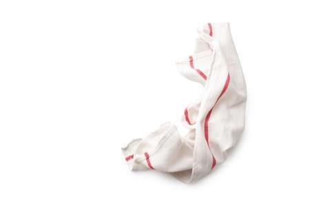 Flat lay with white linen kitchen napkin with red stripe isolated on white background. Top view with folded cloth for mockup with copy spaceの写真素材