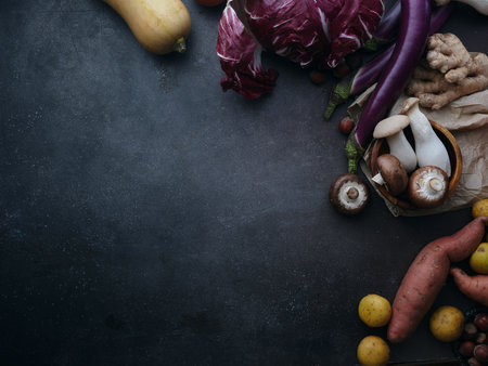 Top view groceries, vegetarian healthy ingredients for cooking a dinner on a white backgroundの写真素材