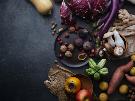 Flat lay seasonal vegetables, fruits and bread, healthy vegetarian ingredients. Grilled aubergines and mushroomsの写真素材
