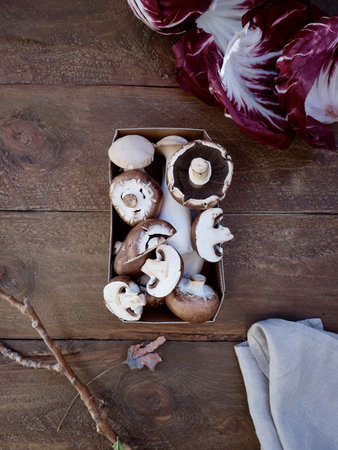 Flat lay seasonal vegetables, fruits and bread, healthy vegetarian ingredients. Grilled aubergines and mushroomsの写真素材