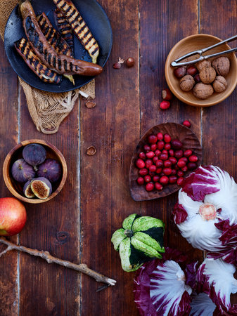 Flat lay seasonal vegetables, fruits and bread, healthy vegetarian ingredients. Grilled aubergines and mushroomsの写真素材