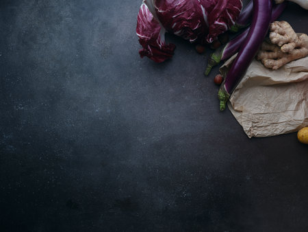 Flat lay seasonal vegetables, fruits and bread, healthy vegetarian ingredients. Grilled aubergines and mushroomsの写真素材