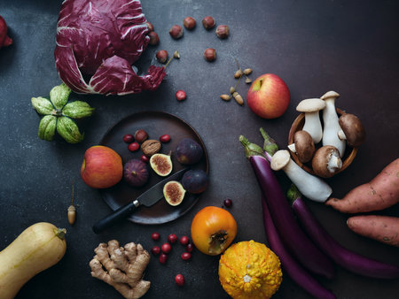 Flat lay seasonal vegetables, fruits and bread, healthy vegetarian ingredients. Grilled aubergines and mushroomsの写真素材
