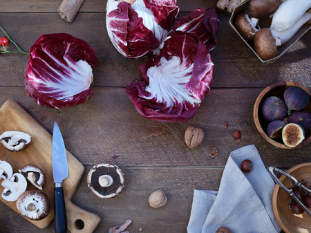 Flat lay seasonal vegetables, fruits and bread, healthy vegetarian ingredients. Grilled aubergines and mushroomsの写真素材