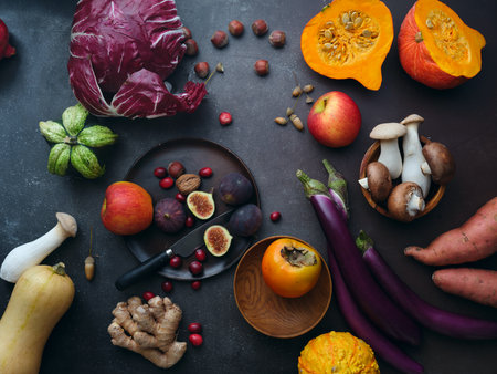 Flat lay seasonal vegetables, fruits and bread, healthy vegetarian ingredients. Grilled aubergines and mushroomsの写真素材
