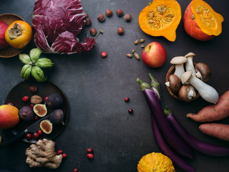 Flat lay seasonal vegetables, fruits and bread, healthy vegetarian ingredients. Grilled aubergines and mushroomsの写真素材