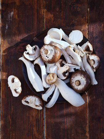 Flat lay seasonal vegetables, fruits and bread, healthy vegetarian ingredients. Grilled aubergines and mushroomsの写真素材