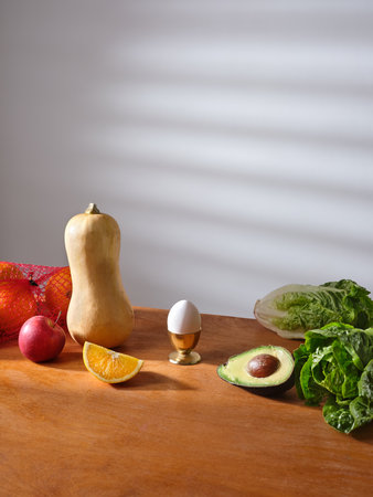 Fresh groceries on the kitchen counter. food delivery concept. Vegetarian food ingredientsの写真素材