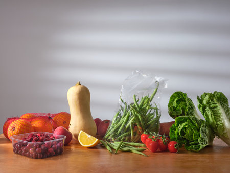 Fresh groceries on the kitchen counter. food delivery concept. Vegetarian food ingredientsの写真素材
