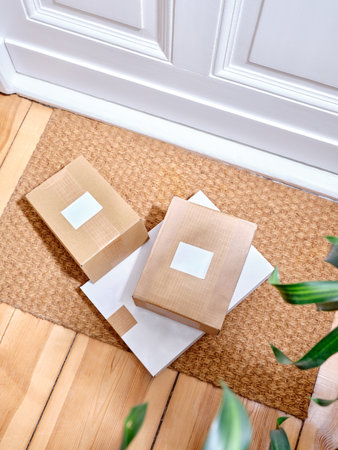 Stack of delivered cardboard parcels on a door mat next to apartment entranceの写真素材