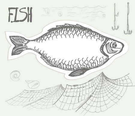 Fish, net and hooks on a neutral backgroundのイラスト素材