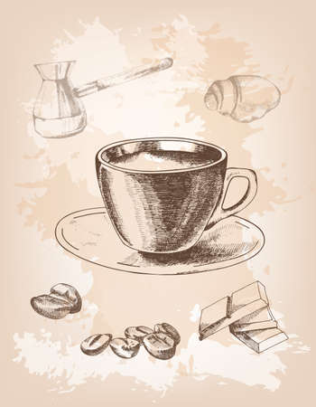 Coffee set: a cup, coffee beans and cezveのイラスト素材