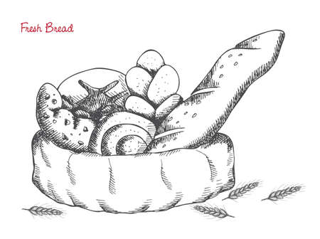Bakery: bread, buns, croissant, loaf on white backgroundのイラスト素材