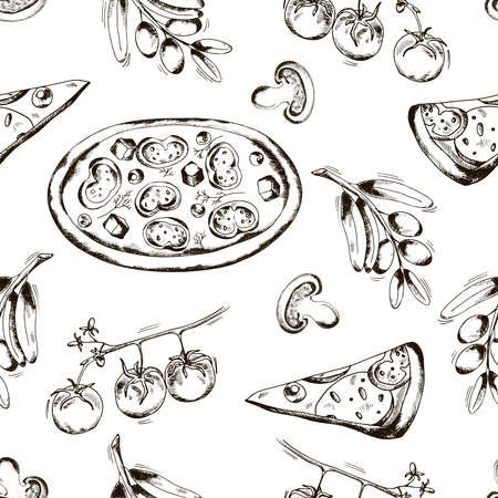 Seamless texture with pizza and ingredientsのイラスト素材
