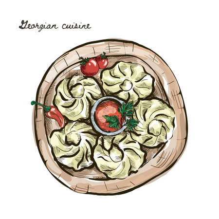 Set of Hand drawn Khinkali dumplings on plateのイラスト素材