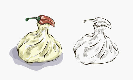 Georgian cuisine: hand-drawn khinkali with pepperのイラスト素材