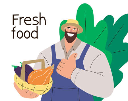 Farmer holding a basket with harvestのイラスト素材