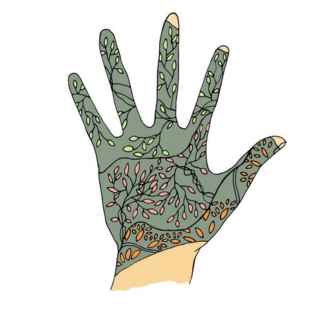 illustration of a palm, black liner in green with elements of branches and leaves.