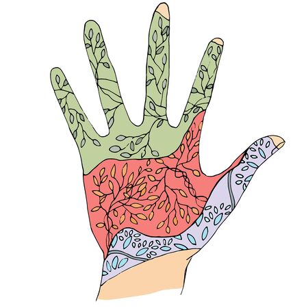 vector illustration of a palm with a pattern of branches in green, red and blue.のイラスト素材