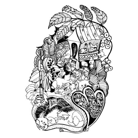 illustration of a fox and a chicken coop black liner on a white background.のイラスト素材