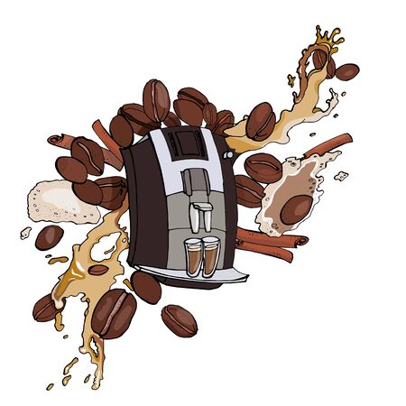 vector illustration of a coffee machine with splashes and grains with cinnamon.のイラスト素材