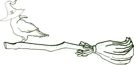 halloween illustration.black liner print.raven in a witch hat on a broomstickの写真素材