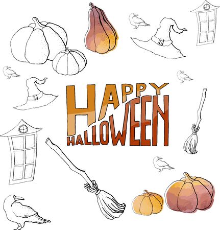 halloween illustration of a witch with a window, a crow a pumpkin and a broomstick and letteringの写真素材