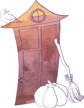halloween illustration of a gloomy window, a crow, a pumpkin and a witchs broomstikの写真素材