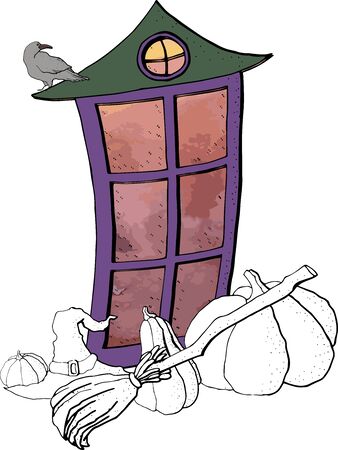 vector halloween illustration.window with a roof and a reven.drawing liner pumpkin, withs broom and hat.の写真素材