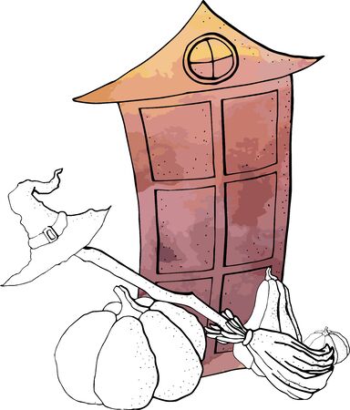 vector halloween holiday illustration.drawing in black liner with watercolor effect.のイラスト素材