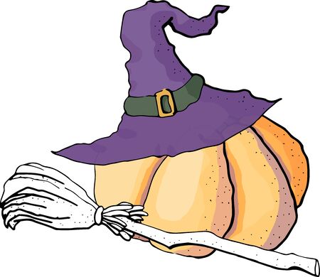 vector illustration of pumpkin hats and witches brooms.black liner on a white background.のイラスト素材